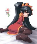  ashley_(warioware) ass bangs bed_sheet black_hair black_legwear bondo breasts closed_mouth commentary_request dress eyebrows_visible_through_hair from_behind full_body hair_between_eyes hairband heart leaning_forward long_hair long_sleeves looking_at_viewer looking_back no_shoes on_bed orange_hairband pantyhose piranha_plant red_(warioware) red_dress red_eyes sitting small_breasts spread_legs twintails very_long_hair warioware white_background 