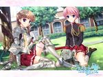  armor blue_eyes blush brown_hair drink grass kisaki_mio komori_kei noel_maresse_ascot pink_hair short_hair thighhighs walkure_romanze weapon 