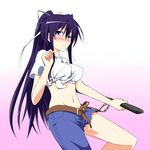  asymmetrical_clothes bad_id bad_pixiv_id belt blue_eyes blush breasts hair_ribbon highres kanzaki_kaori medium_breasts navel ponytail purple_hair ribbon shinsono_shiroko single_pantsleg solo sword to_aru_majutsu_no_index weapon 