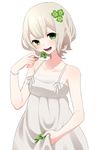  bangs bare_arms bare_shoulders blonde_hair blush bracelet clover collarbone eyebrows_visible_through_hair four-leaf_clover green_eyes jewelry looking_at_viewer musco original short_hair simple_background sleeveless smile solo 