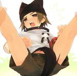  blush brown_eyes brown_hair collar coo_erhard di_gi_charat dog_tail fang hat male_focus open_mouth panda shiogochi shirt shorts spread_legs sweat tail 