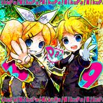  1boy 1girl alternate_costume alternate_hairstyle blonde_hair blue_eyes bow boy boy_and_girl braid female girl gloves grin hair_bow hair_ornament hairpin jacket kagamine_len kagamine_rin male mikan_fuumi_(aisuaji) necktie open_mouth outstretched_hand short_hair smile text twin_braids victorian vocaloid w 