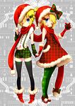  1boy 1girl arm_warmers belly blonde_hair boots bow box boy boy_and_girl brother_and_sister christmas ebira_(ruvie) female fur_coat gift gift_box girl hat kagamine_len kagamine_rin male navel no_sleeves open_mouth pantyhose plaid pom_poms pompom ponytail ribbon_bow santa santa_costume santa_hat scarf shared_scarf shirt shoes short_hair short_shorts short_sleeves shorts siblings sleeveless sleeveless_coat suspenders tartan thighhighs tights trap twins vocaloid white_shirt zettai_ryouiki 