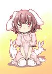  animal_ears blush brown_hair bunny bunny_ears carrot dress fuyutarou inaba_tewi jewelry pendant red_eyes short_hair simple_background sitting solo thighhighs touhou v_arms wariza white_legwear 