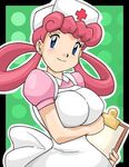  1girl alternate_breast_size artist_request blue_eyes blush breasts huge_breasts joy_(pokemon) looking_at_viewer nurse nurse_cap nurse_joy pink_hair pokemon smile solo 