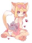  amezawa_koma animal_ears backless_dress backless_outfit blonde_hair blue_eyes bow cat_ears cat_tail dress furry hair_bow hand_on_own_face original panties paws red_skirt sitting skirt sleeveless sleeveless_dress solo tail underwear upskirt white_panties 