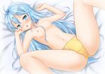  1girl areolae blue_eyes blue_hair blush breasts denpa_onna_to_seishun_otoko long_hair looking_at_viewer lying nipples on_back open_mouth panties rinku small_breasts solo spread_legs topless touwa_erio underwear 