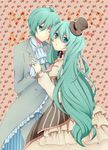  1girl dress formal genderswap genderswap_(ftm) green_eyes green_hair hat hatsune_miku hatsune_mikuo highres hinata_(princess_apple) holding_hands long_hair mini_hat mini_top_hat one_eye_closed top_hat very_long_hair vocaloid 