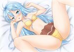  1girl blue_eyes blue_hair blush bra breasts denpa_onna_to_seishun_otoko long_hair looking_at_viewer lying on_back open_mouth panties rinku skirt small_breasts solo spread_legs touwa_erio underwear 