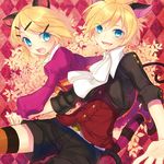  1boy 1girl alternate_costume animal_ears blonde_hair blue_eyes boy boy_and_girl cat_ears cat_tail derenta european_clothes fang female girl hair_ornament hairpin hand_holding holding_hands jacket kagamine_len kagamine_rin kemonomimi_mode male necktie nekomimi nekomimi_mode open_mouth outstretched_hand retro_clothes short_hair short_sleeves skirt smile striped striped_legwear striped_thighhighs tail thighhighs vocaloid 