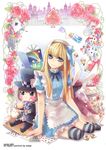  alice_(wonderland) alice_in_wonderland bad_id bad_pixiv_id blonde_hair blush bow card card_creature dress flower hair_bow hairband heart long_hair lying_card playing_card solo striped striped_legwear thighhighs zenyu 