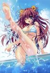  :d ;d asakura_karen barefoot bikini blue_eyes blush breasts brown_hair cleavage crease cube_(alma) daisy day dengeki_hime feet flower hair_flower hair_ornament happy highres kicking kimi_to_boku_to_eden_no_ringo large_breasts leg_up legs long_hair long_legs motion_blur one_eye_closed open_mouth pool scan side-tie_bikini sideboob sky smile soles splashing striped striped_bikini striped_swimsuit swimsuit thighs underboob water 