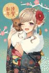  1girl 2019 ;d animal blue_kimono blush braid carrying commentary_request crown_braid floral_print flower fur_collar hair_flower hair_ornament hands_up japanese_clothes kikumon kimono long_hair long_sleeves looking_at_viewer new_year obi one_eye_closed open_mouth original pig print_kimono purple_eyes red_flower sash sidelocks silver_hair smile solo standing taranbo tassel tree_branch upper_body wavy_hair wide_sleeves 
