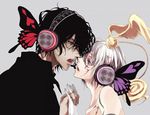  2boys allen_walker bishounen black_shirt butterfly cosplay crossover d.gray-man gloves headphones heart male male_focus multiple_boys shirt tattoo timcanpy topless tyki_mikk tykie_mikk vocaloid white_gloves white_hair wings yaoi yellow_eyes 