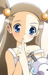  blue_eyes blush brown_hair dress finger_to_mouth gen_1_pokemon gym_leader hair_ornament long_hair magnemite mikan_(pokemon) pokemon pokemon_(creature) pokemon_(game) pokemon_gsc screw simple_background strap_pull sweatdrop two_side_up vivivoovoo white_dress 