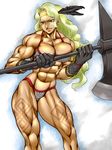  amazon_(dragon's_crown) armlet armor bikini_armor blonde_hair breasts circlet dragon's_crown dynamite-kit feathers gloves green_eyes halberd large_breasts long_hair muscle muscular_female polearm solo tattoo weapon 