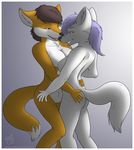  bedroom_eyes black_nose breasts brown_hair canine duo eye_contact female fox fur hair lesbian looking_at_each_other mammal nude orange_eyes orange_fur pubes purple_eyes purple_hair pussy romantic skipsy white_fur wolf 