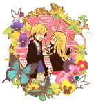  ! 1boy 1girl 7:24 7:24_(inukaiyou) ? ahoge alternate_costume bird blonde_hair blush boy boy_and_girl butterfly english female flower frame girl hair_ornament hairpin hand_holding holding_hands jacket jewelry kagamine_len kagamine_rin male open_mouth pigeon ponytail ring rose smile speech_bubble text vocaloid wedding_ring 