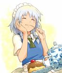  blush bow braid cake cherry closed_eyes eating face food foodgasm fruit hair_bow hand_on_own_cheek hand_on_own_face hands happy izayoi_sakuya maid maid_headdress shibasaki_shouji short_hair silver_hair smile solo teapot touhou twin_braids 