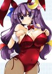 animal_ears breasts bunny_ears bunny_tail bunnysuit cleavage crescent crescent_hair_ornament fishnet_pantyhose fishnets hair_ornament huge_breasts long_hair pantyhose patchouli_knowledge purple_eyes purple_hair shirogane_(platinum) solo tail touhou 
