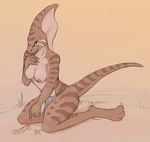  anthro breasts dinosaur female koba loincloth looking_at_viewer nipples olivia_(artist) parasaurolophus reputed scalie solo tail topless underwear 