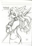  absurdres amazon_(dragon's_crown) armlet ass circlet dragon's_crown feathers halberd highres long_hair monochrome polearm sketch solo weapon yamazaki_(now_printing) 