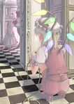  blonde_hair blue_hair checkered checkered_floor dress flandre_scarlet from_behind hat height_difference indoors izayoi_sakuya multiple_girls prank raybar remilia_scarlet rope smile squatting touhou walking wings 