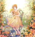  anko_kinako axis_powers_hetalia birdcage blonde_hair blue_eyes blurry bouquet bug butterfly cage card chair depth_of_field dress flower hair_ribbon head_wreath highres insect jewelry liechtenstein_(hetalia) lying_card necklace ribbon sandals short_hair sitting solo 