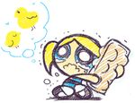  bird blonde_hair blue_eyes bubbles_(ppg) chick egg_carton faux_traditional_media frown mike_(k-k-c) pantyhose powerpuff_girls simple_background solo tears thought_bubble toon twintails wavy_mouth 