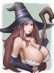  bare_shoulders between_breasts breasts brown_eyes brown_hair detached_sleeves dragon's_crown dress eau elbow_gloves gloves hat huge_breasts index_finger_raised long_hair open_mouth solo sorceress_(dragon's_crown) staff strapless strapless_dress upper_body witch_hat 