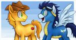  braeburn_(mlp) cutie_mark equine eyewear feral friendship_is_magic goggles hat horse male mammal my_little_pony pegasus pony skinsuit soarin_(mlp) unknown_artist wings wonderbolts_(mlp) 