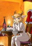  alcohol antlers beverage blonde_hair bodysuit bottle cake cervine christmas deer dr_comet female food hair hat holidays horn horns mammal red_eyes santa_hat sitting skinsuit solo table tail wine 