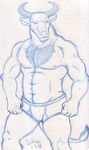  blue_and_white bovine buffalo horn horns male mammal monochrome muscles nipples plain_background pose schizowolf sketch solo standing tail topless underwear white_background 