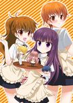  3girls apron black_legwear blush brown_eyes brown_hair chibi frying_pan inami_mahiru long_hair masuyama_kei multiple_boys multiple_girls open_mouth orange_hair pantyhose purple_eyes purple_hair satou_jun short_hair skirt smile souma_hiroomi takanashi_kotori takanashi_souta taneshima_popura tray waitress wavy_mouth working!! yamada_aoi 