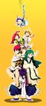  5boys aladdin_(magi) ali_baba_saluja barefoot blonde_hair braid carrying falling hakyou_(hakyo) highres ja'far magi_the_labyrinth_of_magic masrur morgiana multiple_boys purple_hair red_hair simple_background sinbad_(magi) single_braid turban 