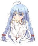  ahoge bare_shoulders blue_eyes blue_hair blush braid denpa_onna_to_seishun_otoko hair_ribbon hand_in_hair hands_clasped long_hair nail_polish own_hands_together pantarou ribbon simple_background sleeves_past_wrists smile solo sparkle touwa_erio twin_braids upper_body 