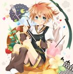  :p apron arm_warmers bass_clef blonde_hair box boy caramel fleur_de_lys flower food food_on_cheek food_on_face fork fruit heart kagamine_len leg_warmers letter male male_focus moon necktie pocky ponytail ribbon shirt short_sleeves shorts solo strawberry tongue tongue_out touki_(touki89) vocaloid white_shirt 