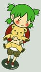  &gt;_&lt; blush child closed_eyes green_hair koiwai_yotsuba quad_tails solo stuffed_animal stuffed_toy superdonut teddy_bear yotsubato! 