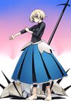  armor armored_dress barefoot blonde_hair blue_eyes crow's_beak feet highres phalanx_(sekaiju) polearm satou_atsuki sekaiju_no_meikyuu sekaiju_no_meikyuu_3 short_hair skirt solo weapon 