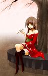  bad_id bad_pixiv_id bare_shoulders black_nails boots breasts brown_hair cherry_blossoms cleavage crossed_legs hair_ornament hairpin highres japanese_clothes kimono kiseru large_breasts long_hair nail_polish off_shoulder original pipe red_eyes sitting smoking solo thighhighs tree yasagure_yukito yuujo 