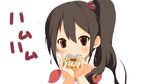  alternate_hairstyle black_hair brown_eyes doughnut eating food food_themed_hair_ornament fruit hair_bobbles hair_ornament k-on! listen!! long_hair nakano_azusa polka_dot side_ponytail solo sora_to_umi strawberry strawberry_hair_ornament twintails 