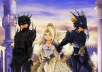  1girl 2boys armor belt blonde_hair blue_eyes bridal_gauntlets cain_highwind cape cecil_harvey earrings female final_fantasy final_fantasy_iv hair_ornament helmet jewelry leotard long_hair male multiple_boys pantyhose pekamatu ponytail rosa_farrell shoulder_pads sky sword tiara weapon 