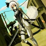  black_hairband blue_eyes bodysuit cosplay crossover flower gekko_(mgs) ghost hairband highres iny katana konpaku_youmu konpaku_youmu_(ghost) metal_gear_(series) metal_gear_solid metal_gear_solid_4 parody raiden raiden_(cosplay) short_hair silver_hair solo sword touhou weapon 