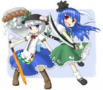  blue_eyes blue_hair cosplay costume_switch food fruit ghost hairband hat hinanawi_tenshi hinanawi_tenshi_(cosplay) katana konpaku_youmu konpaku_youmu_(cosplay) konpaku_youmu_(ghost) long_hair multiple_girls nice peach red_eyes short_hair silver_hair sword sword_of_hisou touhou weapon 