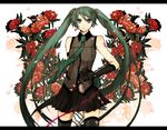  bad_id bad_pixiv_id buzz earrings elbow_gloves flower gloves green_eyes green_hair hatsune_miku headset jewelry long_hair necktie skirt solo thighhighs twintails very_long_hair vocaloid 