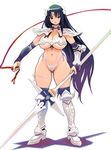  armor ass_visible_through_thighs black_eyes black_hair breasts cleavage elbow_gloves gloves highleg highleg_panties highres huge_breasts long_hair mugen_no_fantasia navel panties pauldrons polearm ribbon ryoji_(nomura_ryouji) serious solo spear thigh_strap thighhighs underboob underwear weapon whip white_panties 