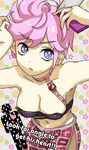  adjusting_hair armpits arms_up bad_id bad_pixiv_id bare_shoulders breasts choker cleavage eguchinashi engrish from_above heart jojo_no_kimyou_na_bouken large_breasts math midriff navel pink_hair purple_eyes ranguage short_hair skirt solo strap trish_una vento_aureo 