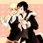  1girl bad_id bad_pixiv_id black_hair blonde_hair breasts cleavage coat durarara!! genderswap genderswap_(mtf) grabbing heiwajima_shizuo large_breasts long_hair miniskirt orihara_izaya pencil_skirt red_eyes remi riri_(artist) skirt sunglasses thighhighs tuxedo vest yellow_eyes 