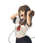  azuma_ren brown_eyes brown_hair face hair_bun hands_on_headphones headphones highres long_hair messy_hair midriff music navel open_mouth original pleated_skirt ponytail school_uniform serafuku side_bun side_ponytail simple_background singing skirt smile solo white_background 