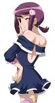  back bad_id bad_pixiv_id bare_shoulders battle_spirits battle_spirits:_shounen_gekiha_dan brown_eyes from_behind hair_ornament hairclip hand_on_hip looking_back makino_tomoyasu one_eye_closed pointing purple_hair simple_background smile solo thighhighs viole_mai 